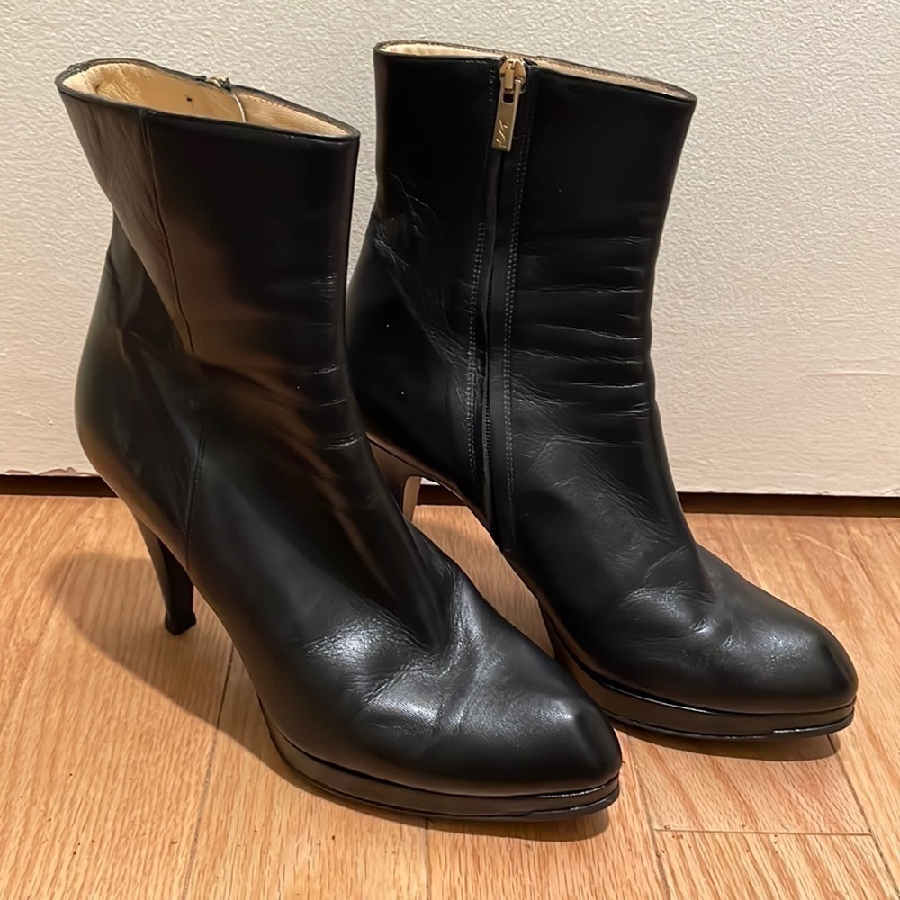 Yves Saint Laurent Black Leather Almond Toe Heeled Ankle Boot